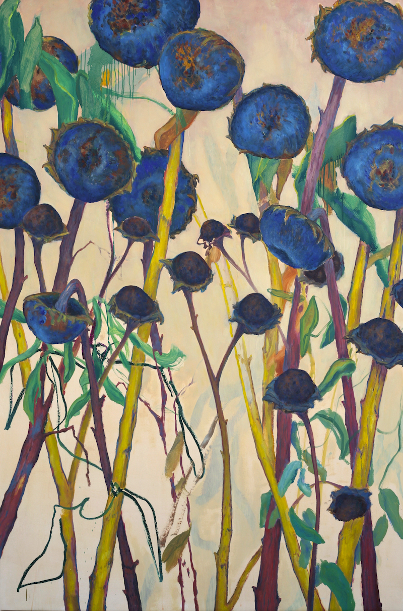 1 - Les tournesols bleus n°1,2020-22, oil and oil stick on paper mounted on canvas, 195x130cm,web
